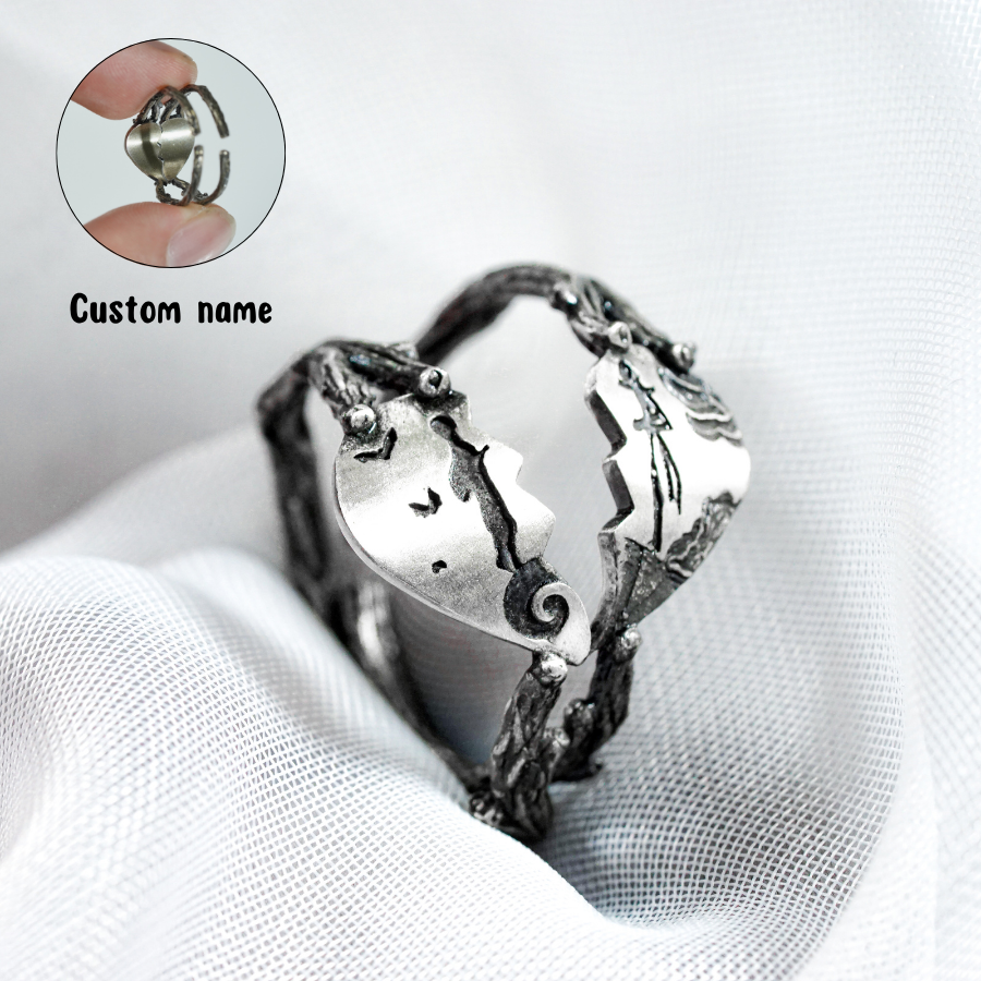 Custom Name Couple Ring Jack Skellington and Sally Handmade Silver 950, Nightmare Before Christmas Jewelry, Valentines Couple Ring 1 - EternaSilver Custom Name Couple Ring Jack Skellington and Sally Handmade Silver 950