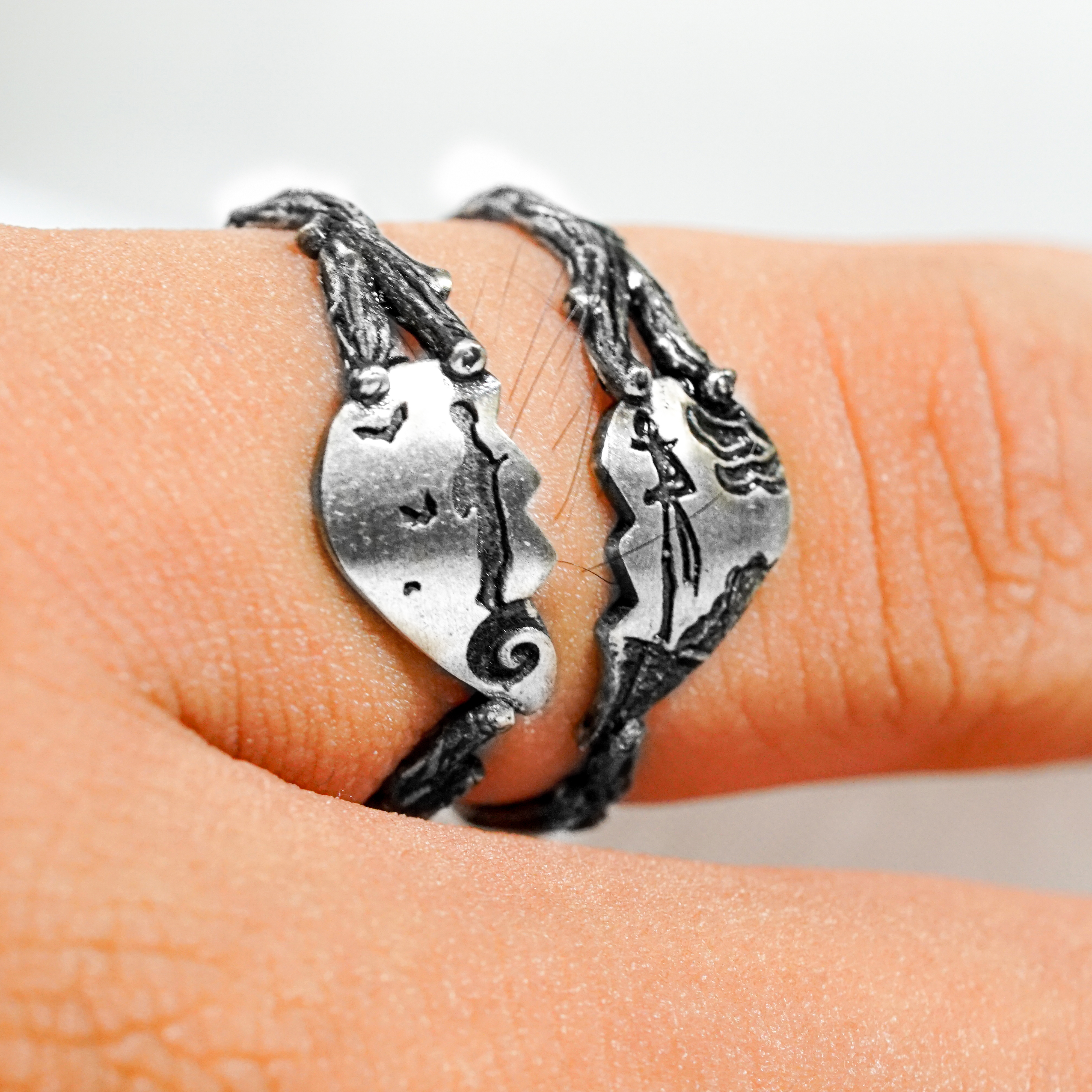 Custom Name Couple Ring Jack Skellington and Sally Handmade Silver 950, Nightmare Before Christmas Jewelry, Valentines Couple Ring 5 - EternaSilver Custom Name Couple Ring Jack Skellington and Sally Handmade Silver 950