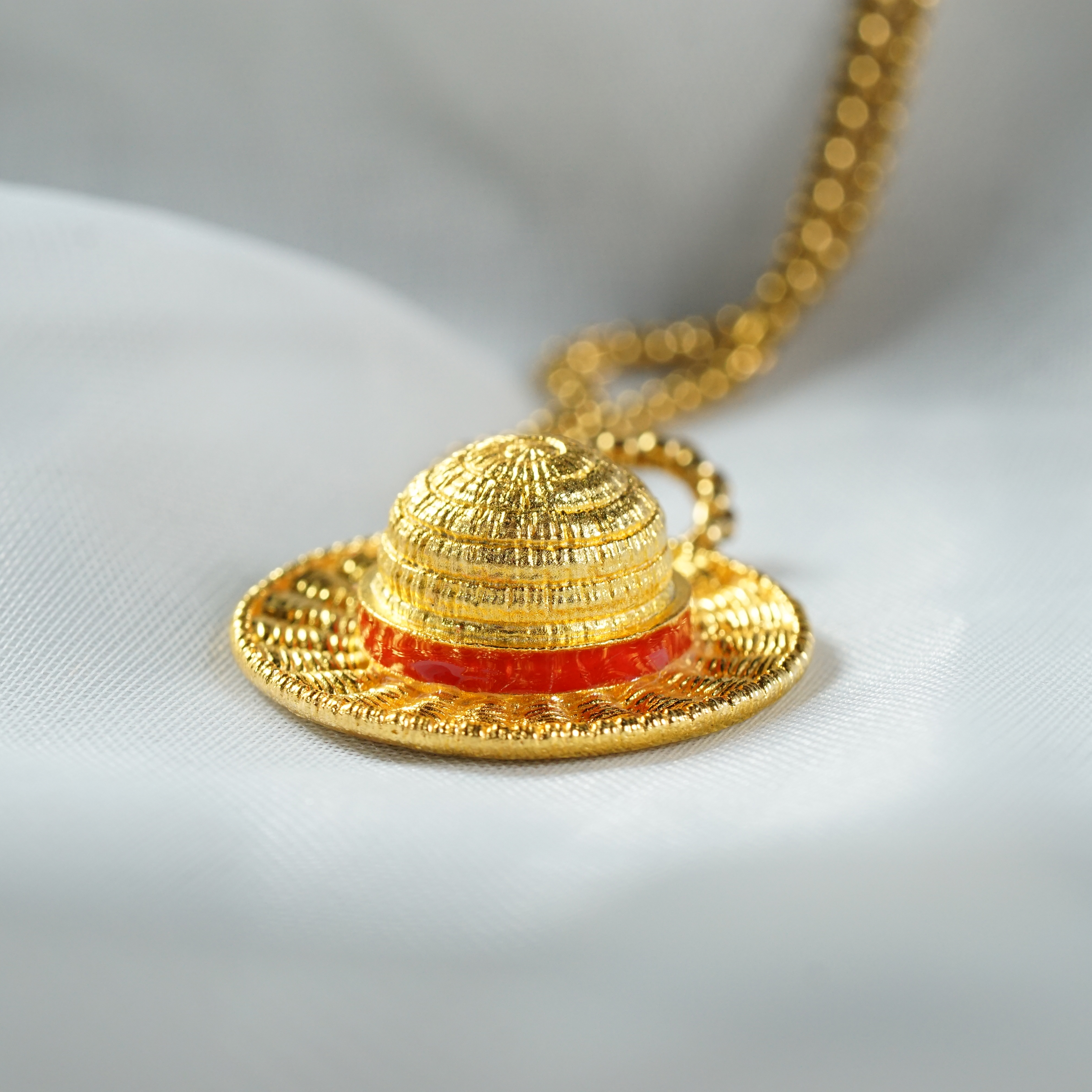 One Piece Luffy's Hat Necklace, Fanmade Straw Hat Pendant Necklace, Handmade 14k Gold Plated Fantasy Jewelry, Inspired by Monkey D. Luffy, Gift for Gamers & Collectors 3 - EternaSilver DSC05705 - EternaSilver