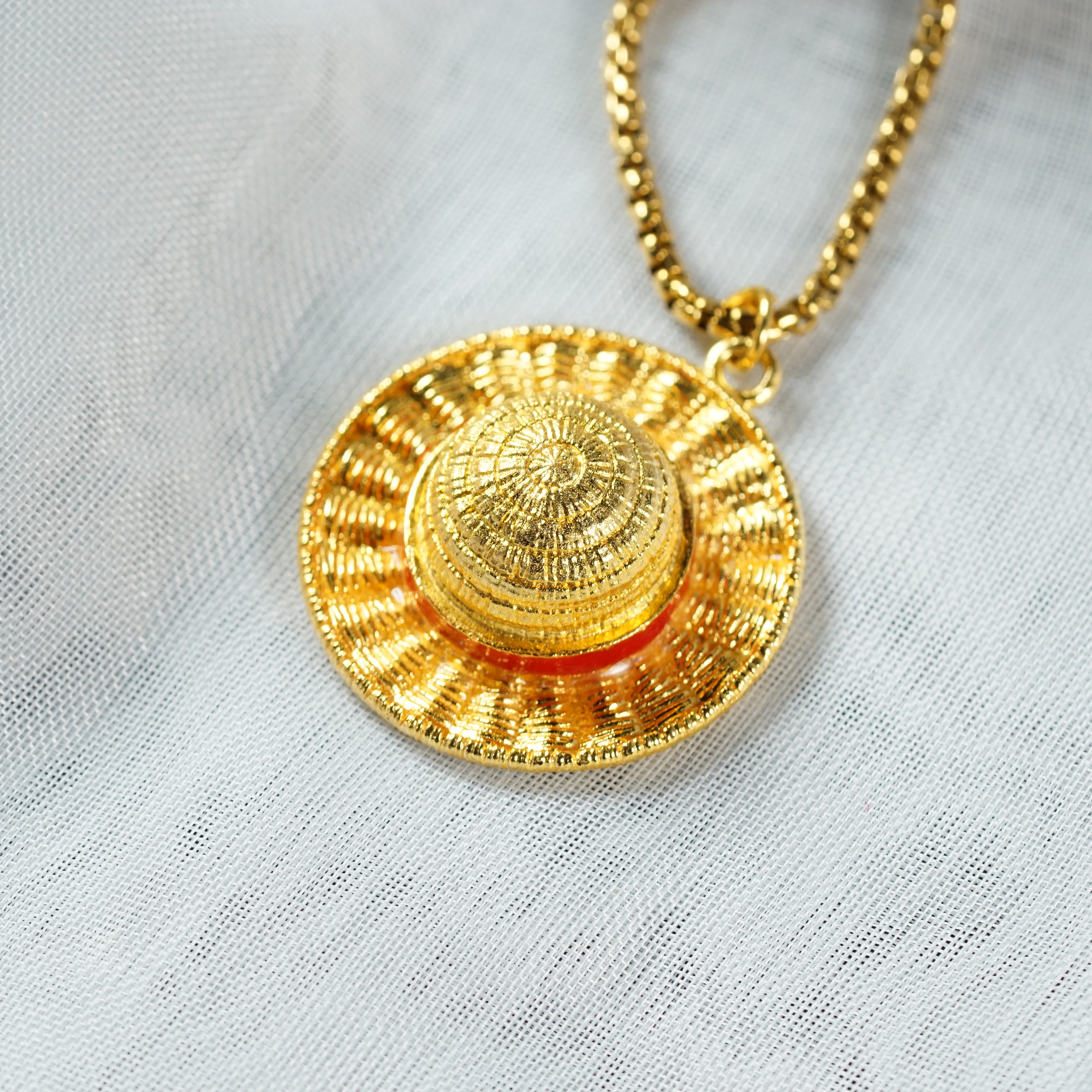 One Piece Luffy's Hat Necklace, Fanmade Straw Hat Pendant Necklace, Handmade 14k Gold Plated Fantasy Jewelry, Inspired by Monkey D. Luffy, Gift for Gamers & Collectors 5 - EternaSilver DSC05707 - EternaSilver
