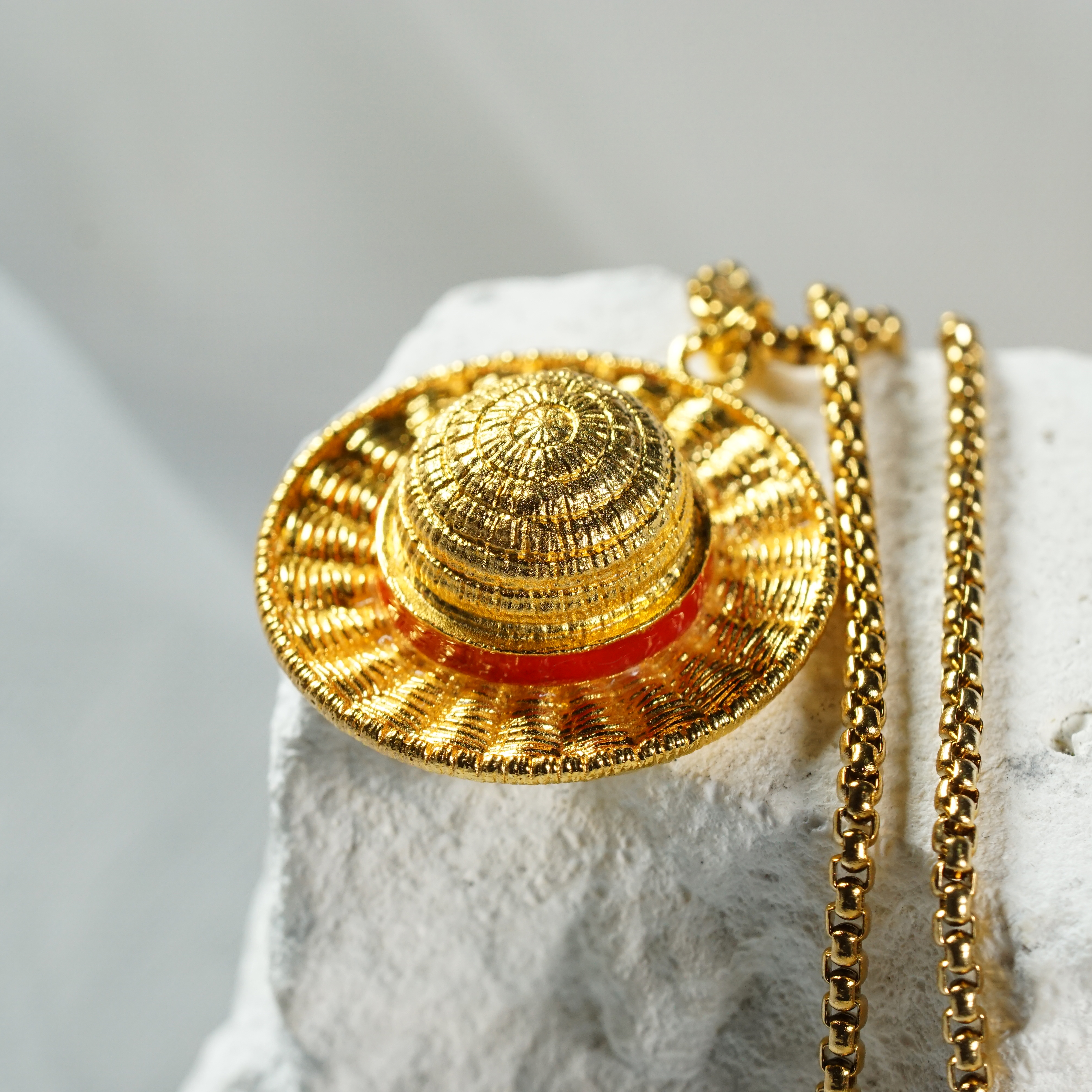 One Piece Luffy's Hat Necklace, Fanmade Straw Hat Pendant Necklace, Handmade 14k Gold Plated Fantasy Jewelry, Inspired by Monkey D. Luffy, Gift for Gamers & Collectors 6 - EternaSilver DSC05708 - EternaSilver