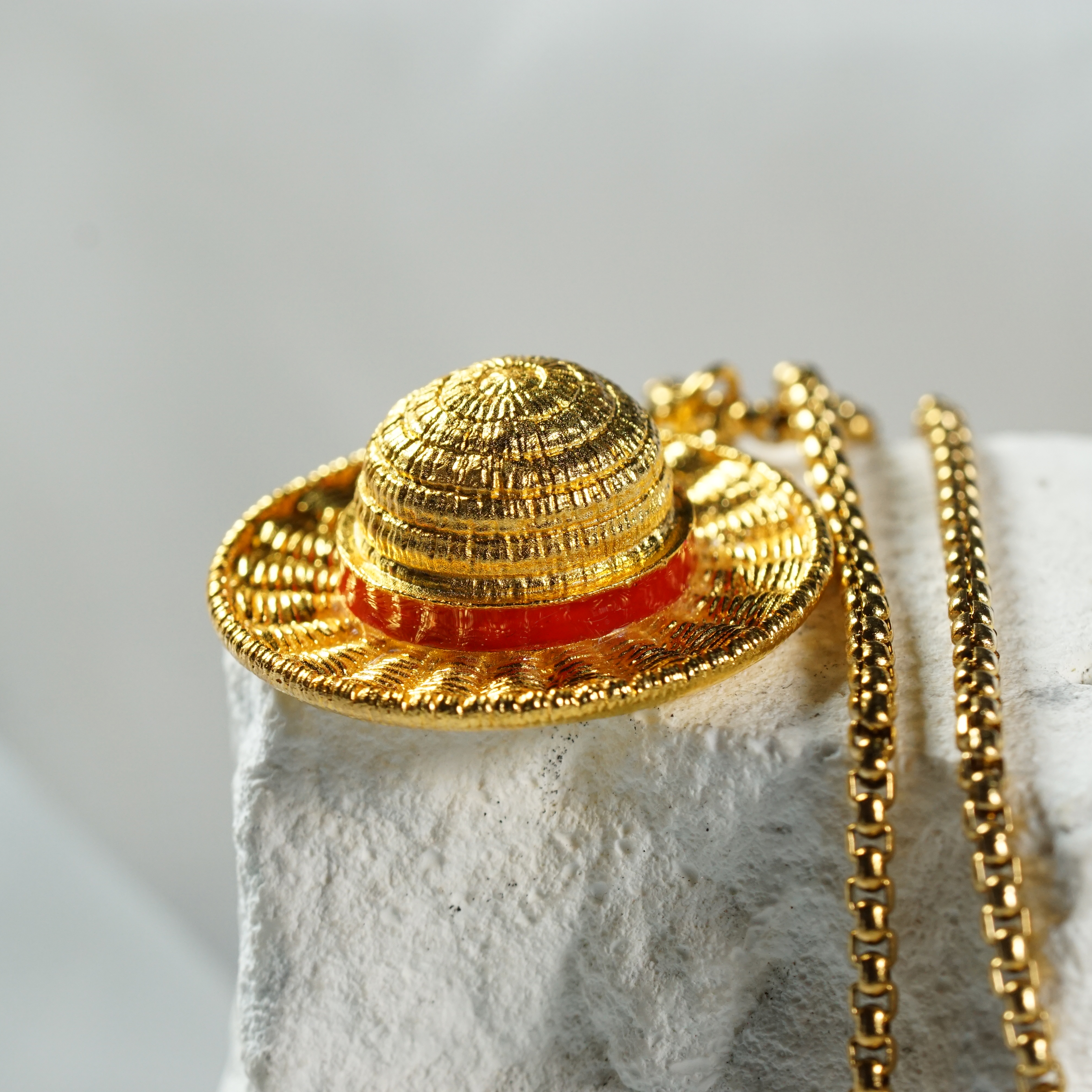One Piece Luffy's Hat Necklace, Fanmade Straw Hat Pendant Necklace, Handmade 14k Gold Plated Fantasy Jewelry, Inspired by Monkey D. Luffy, Gift for Gamers & Collectors 7 - EternaSilver DSC05709 - EternaSilver