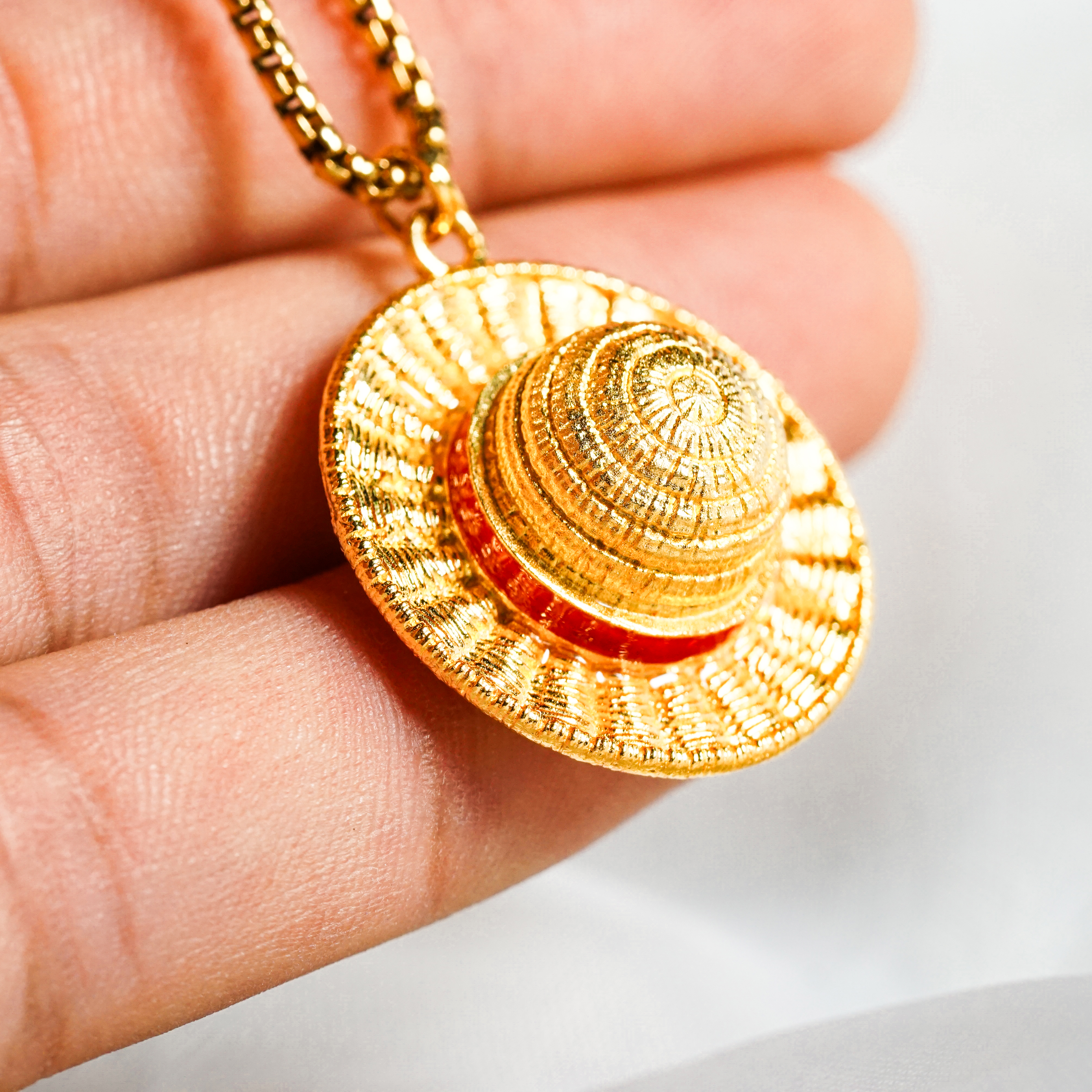 One Piece Luffy's Hat Necklace, Fanmade Straw Hat Pendant Necklace, Handmade 14k Gold Plated Fantasy Jewelry, Inspired by Monkey D. Luffy, Gift for Gamers & Collectors 8 - EternaSilver DSC05711 - EternaSilver