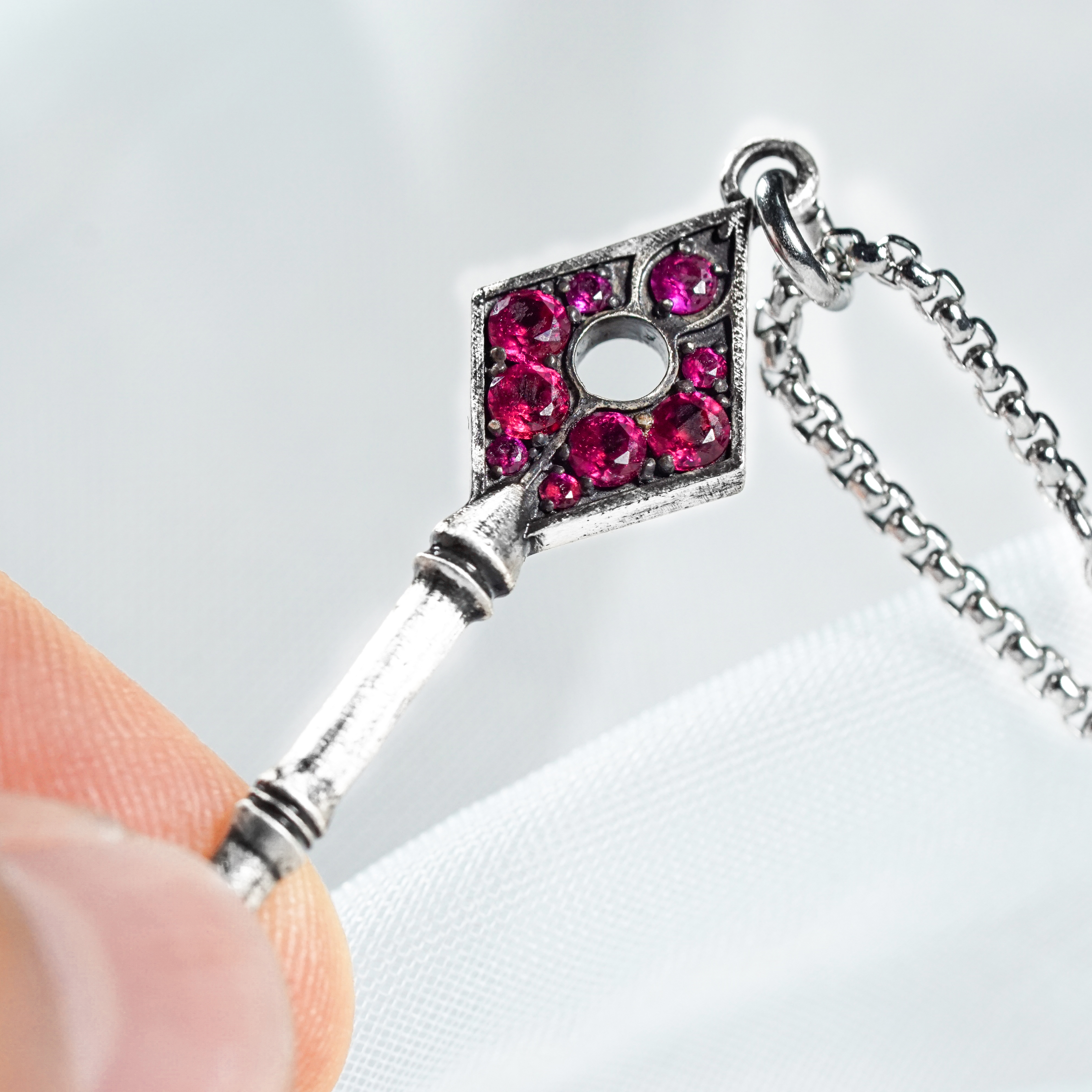 Resident Evil 2 Remake Precinct Key Pendant Necklace Set, 950 Sterling Silver Club, Diamond, Spade & Heart Keys with Gemstones 27 - EternaSilver DSC05876 - EternaSilver