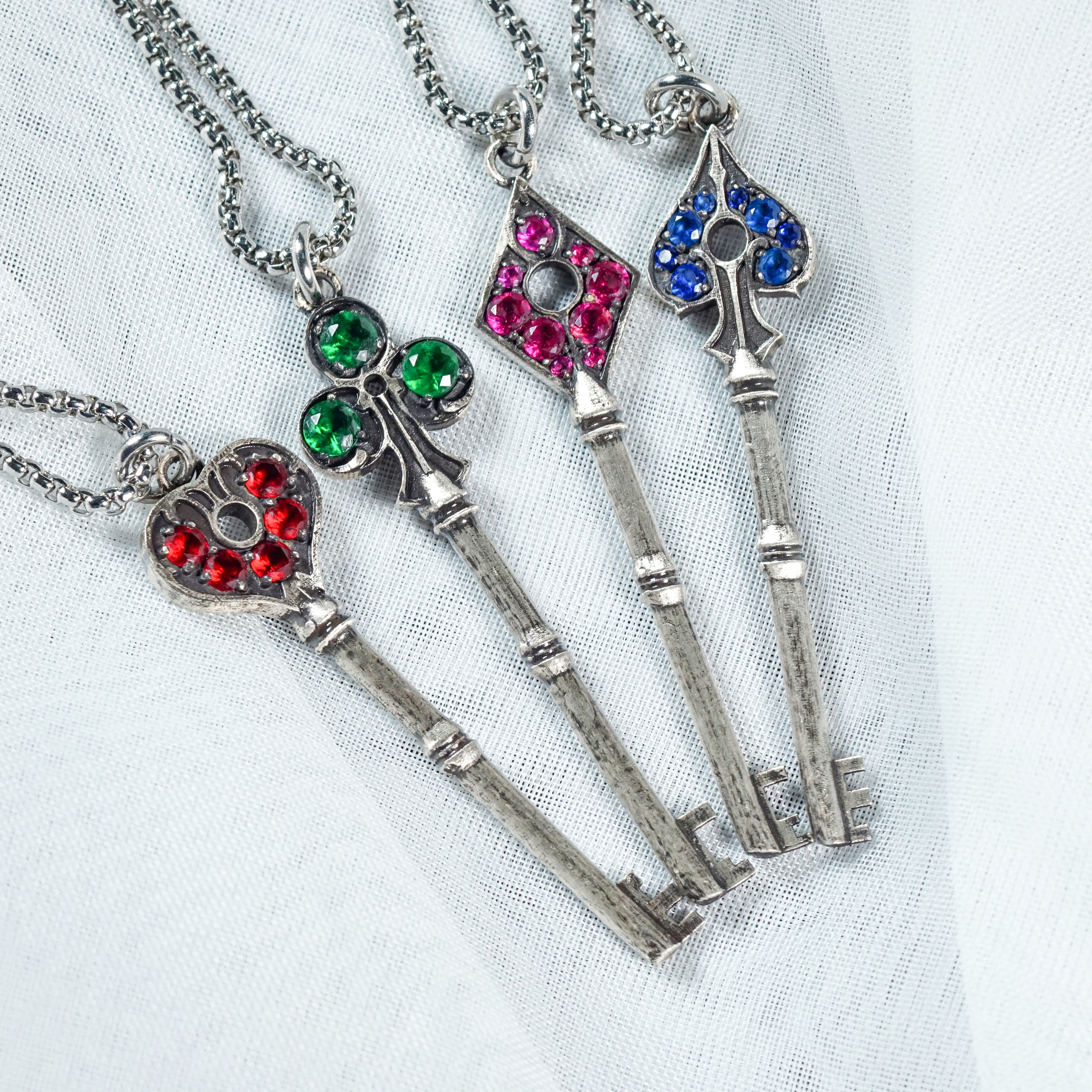 Resident Evil 2 Remake Precinct Key Pendant Necklace Set, 950 Sterling Silver Club, Diamond, Spade & Heart Keys with Gemstones 30 - EternaSilver DSC05924 - EternaSilver
