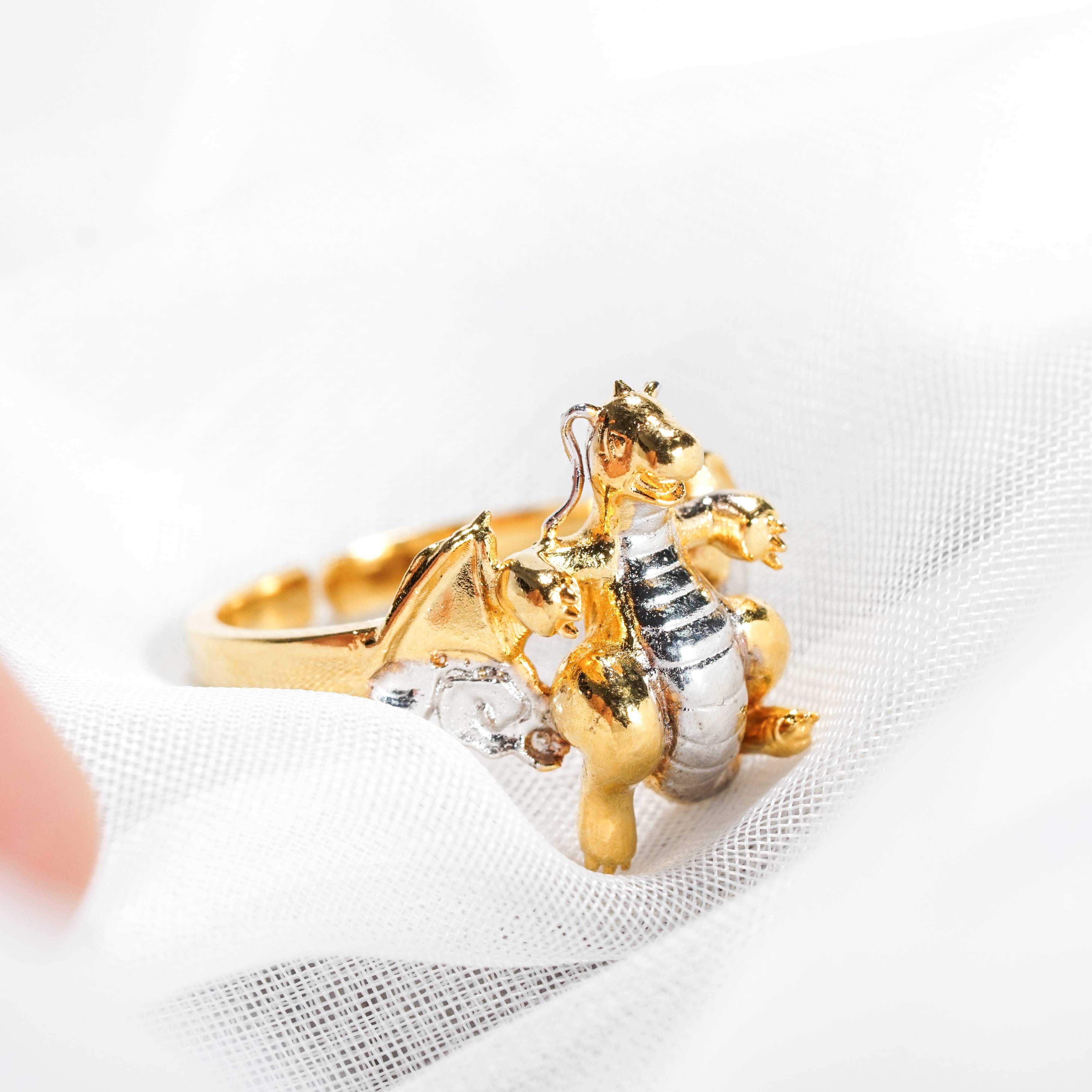 Pokemon Dragonite With Moon Ring, Handmade 950 Silver/14k Gold Plated Ring, Unique Jewelry Gift for Pokemon Fans