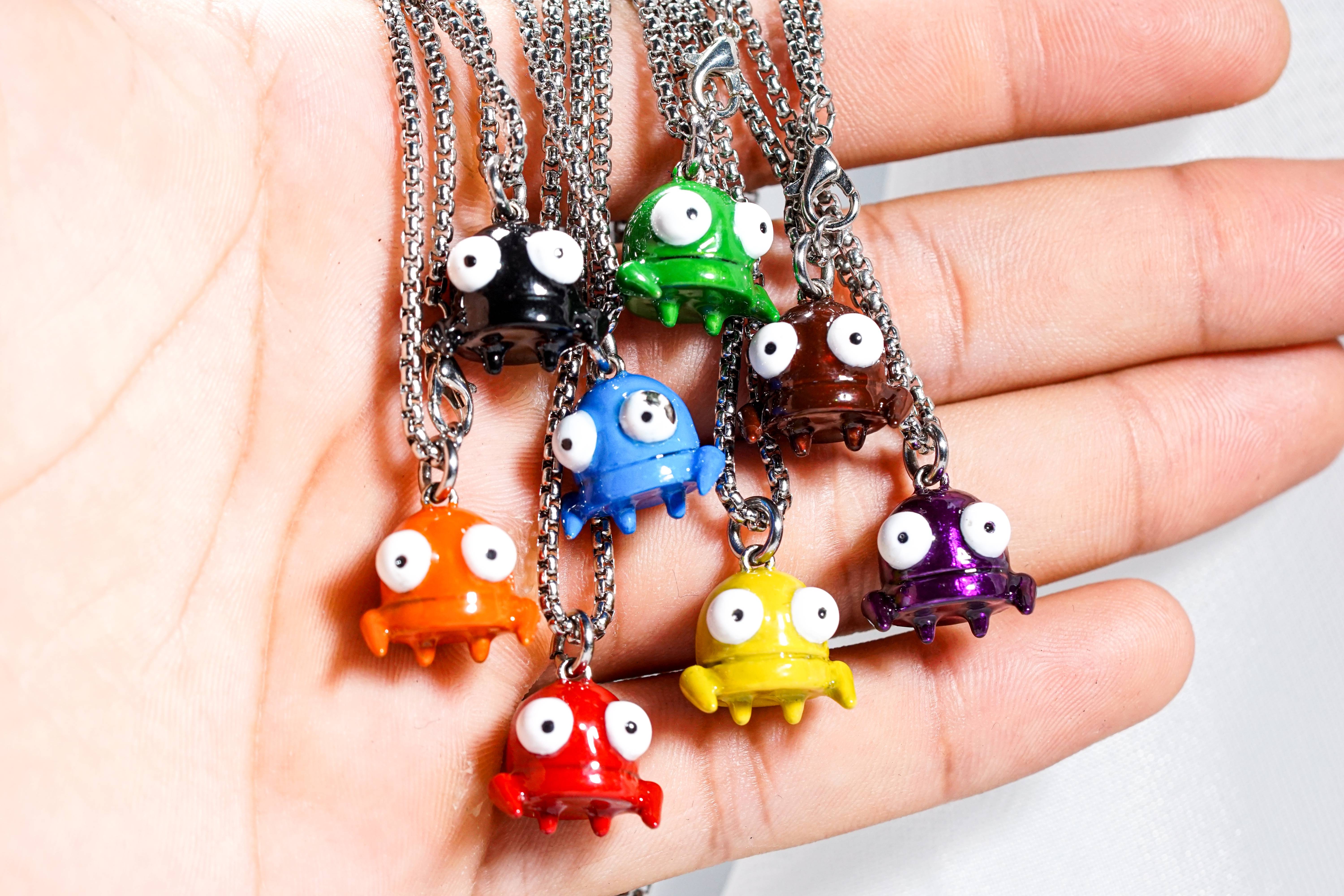 Repo Monster Necklace, Handcrafted 950 Silver Alien Pendant with Colorful Gloss Finish, Gamer Jewelry