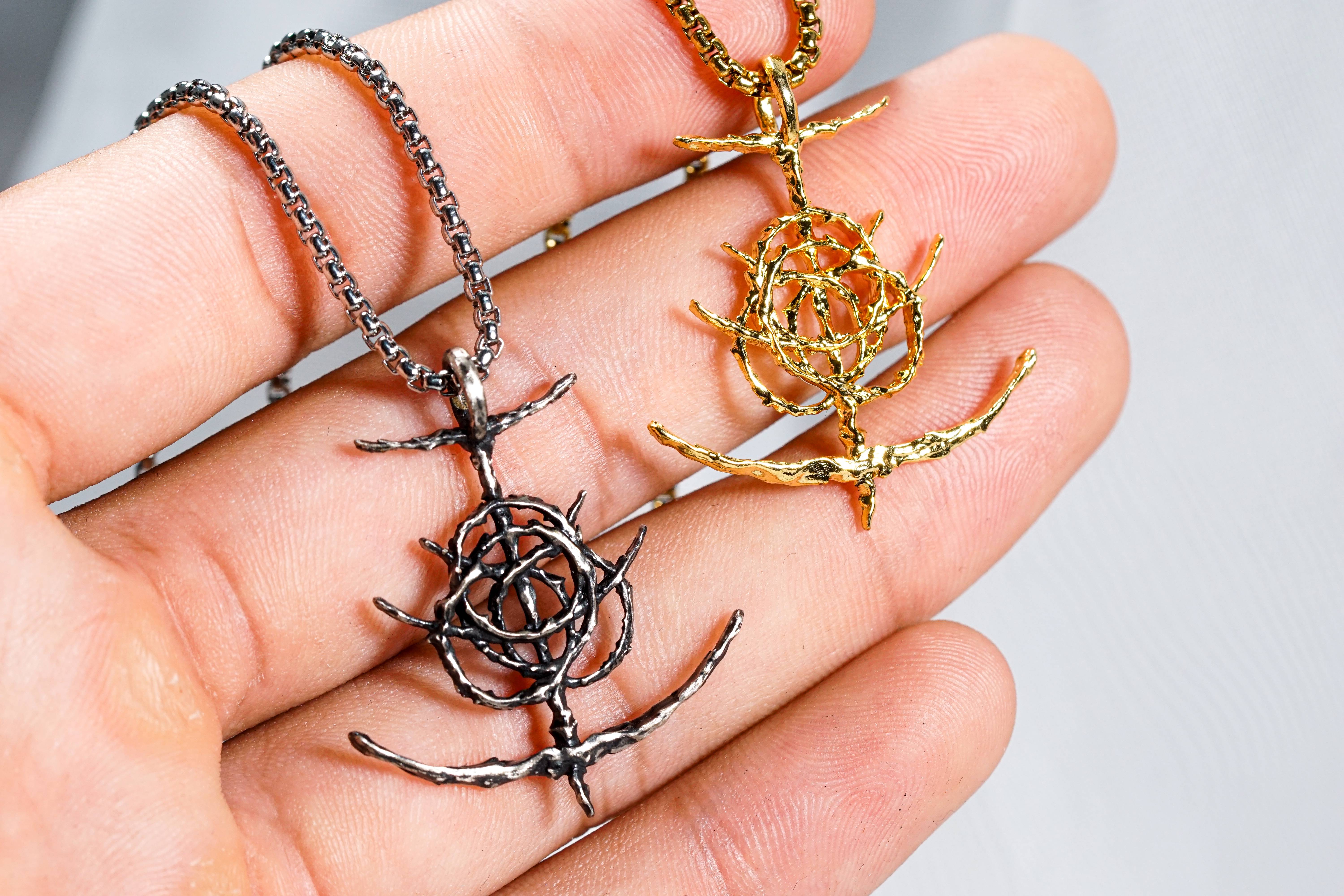 Elden Ring Logo Necklace, Handmade Silver 950 or 14K Gold Plated Pendant, Fantasy RPG Jewelry, Gift for Gamers & Collectors