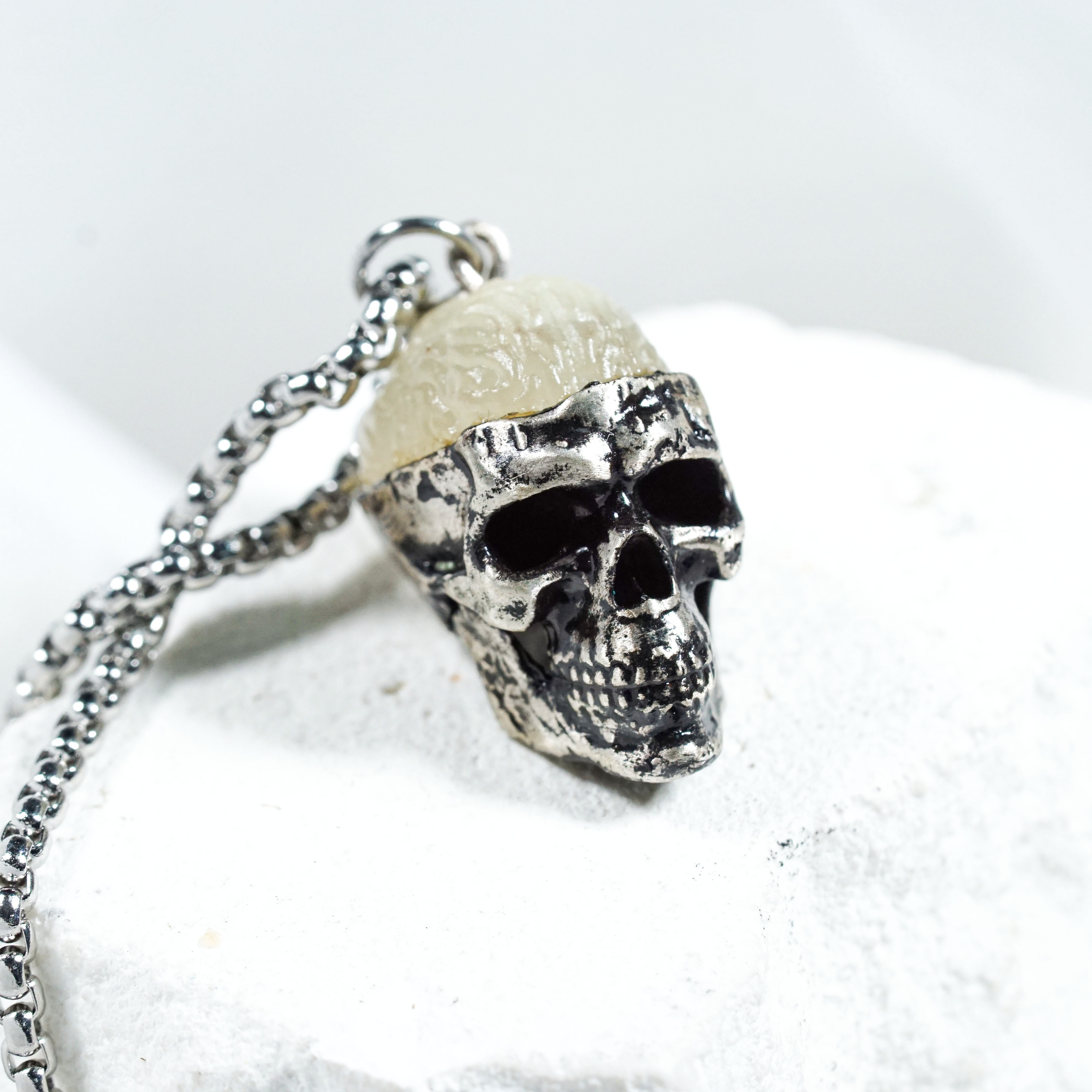 Glow in the Dark Skull Necklace, Gothic Punk Jewelry, Halloween Horror Pendant, Skeleton Head Necklace, Glowing Reaper Gift for Him & Her