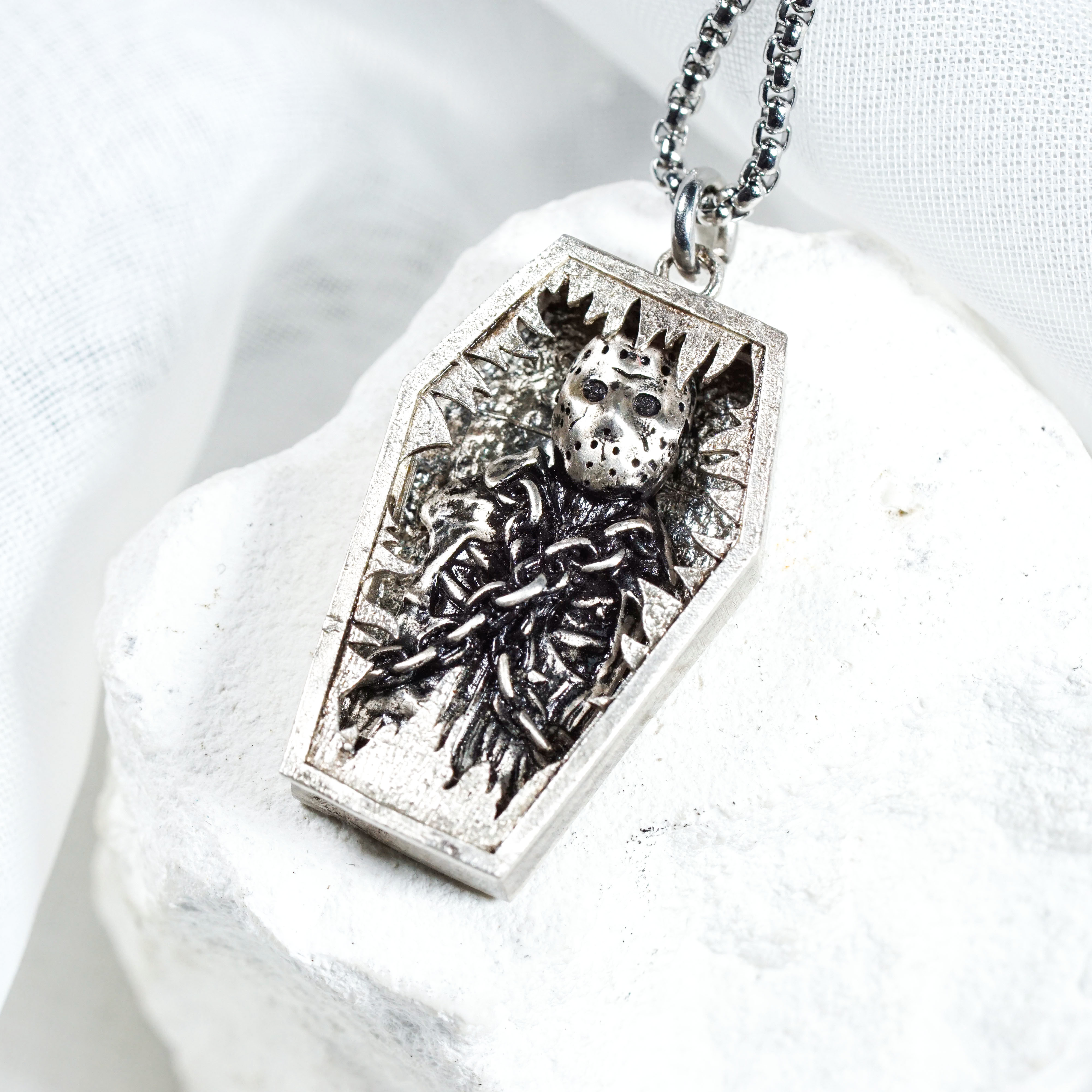 Jason Voorhees Coffin Necklace, Friday the 13th Horror Pendant, Gothic Halloween Jewelry, Slasher Film Necklace, Creepy Gift for Horror Fans 1 - EternaSilver DSC08955 - EternaSilver