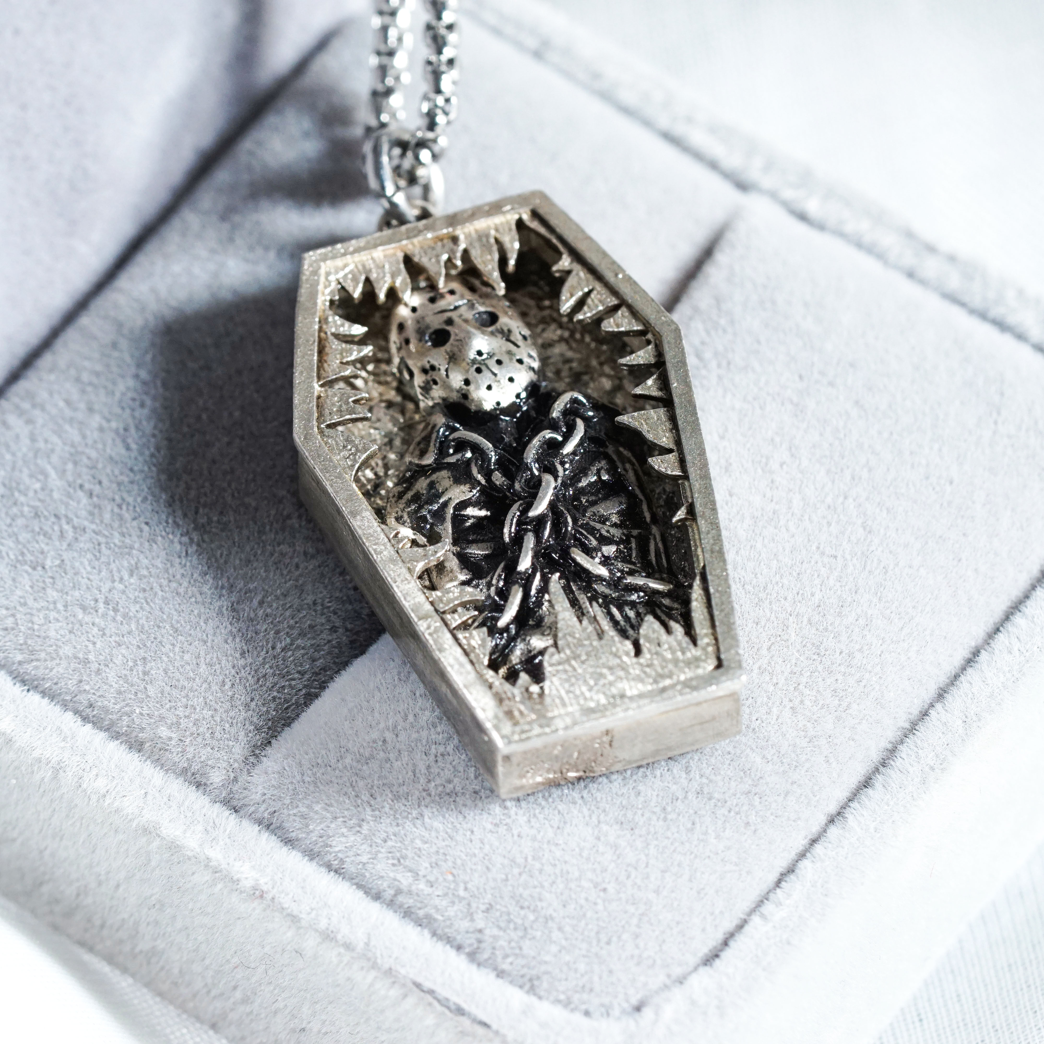 Jason Voorhees Coffin Necklace, Friday the 13th Horror Pendant, Gothic Halloween Jewelry, Slasher Film Necklace, Creepy Gift for Horror Fans 4 - EternaSilver DSC08996 - EternaSilver