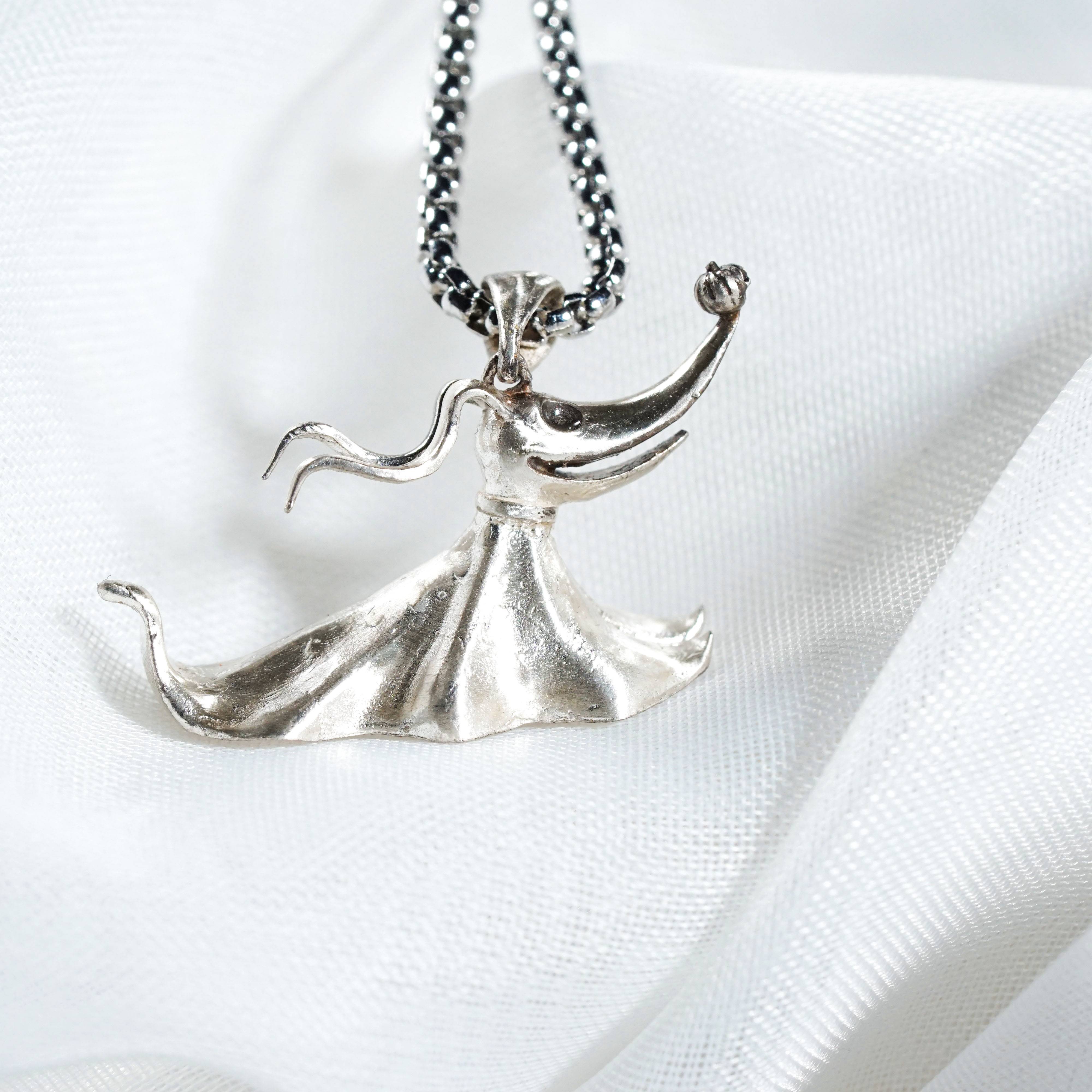 Fanmade Zero Dog Necklace, Handmade Silver 950 Nightmare Before Christmas Jewelry, Perfect Halloween Gift