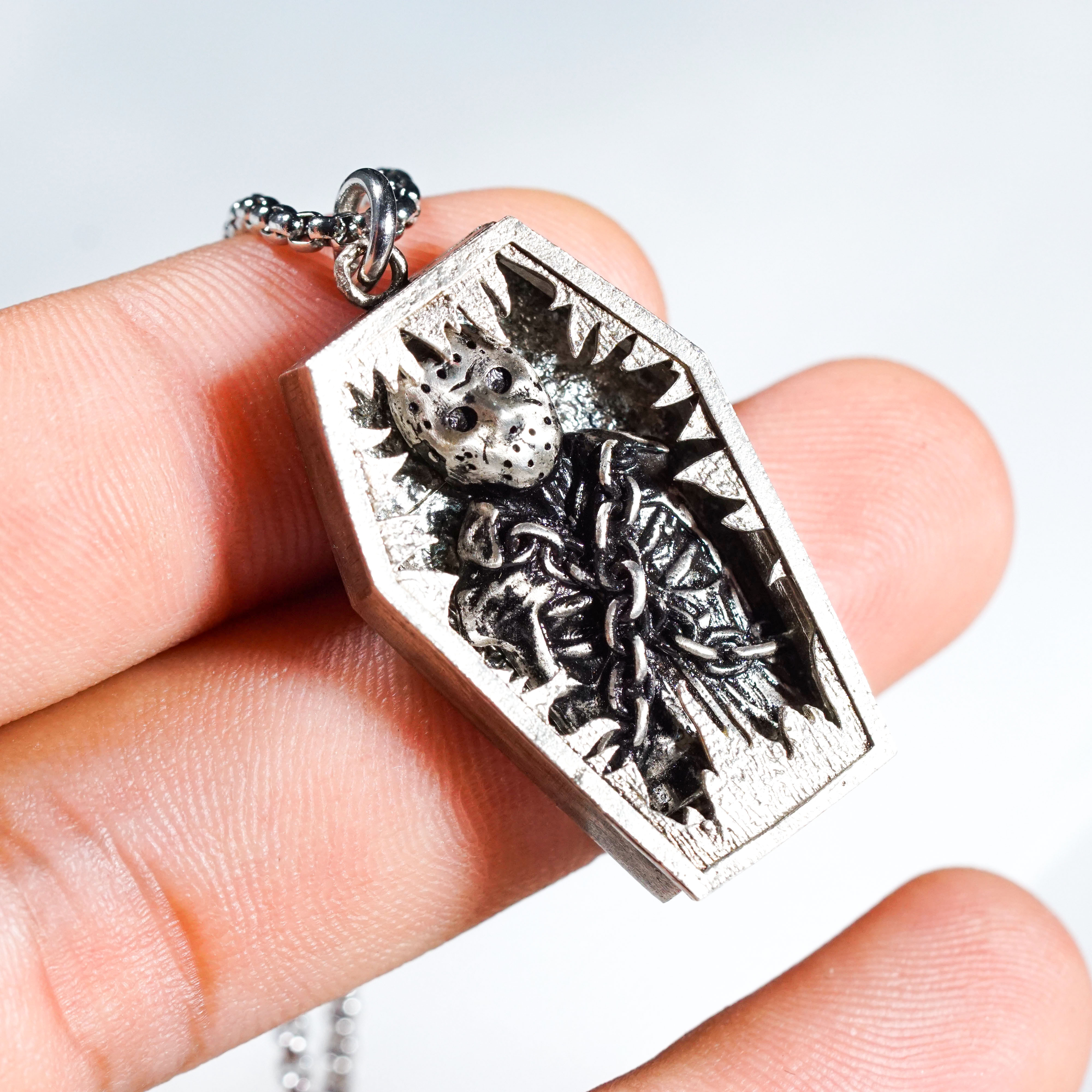 Jason Voorhees Coffin Necklace, Friday the 13th Horror Pendant, Gothic Halloween Jewelry, Slasher Film Necklace, Creepy Gift for Horror Fans 5 - EternaSilver DSC09090 - EternaSilver