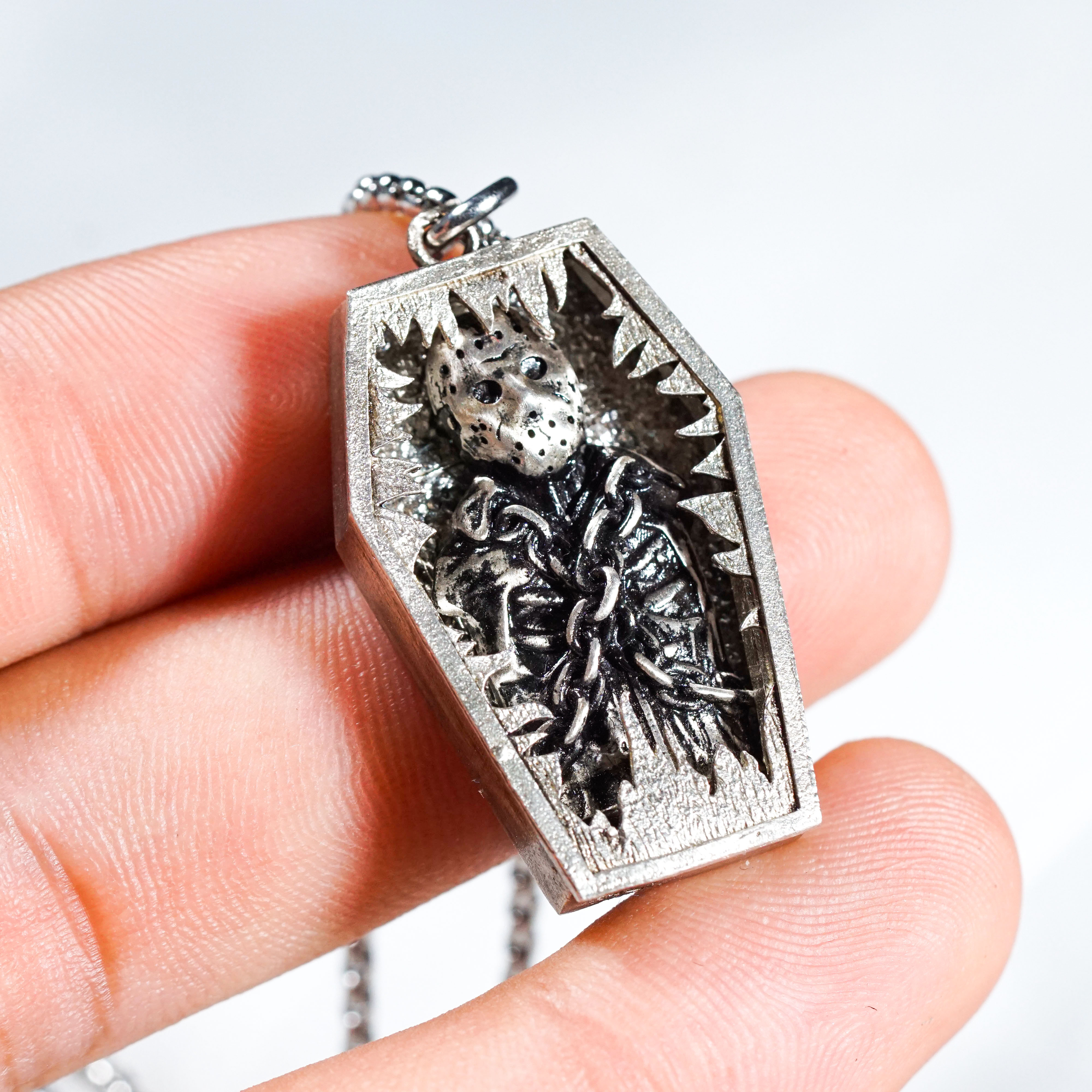 Jason Voorhees Coffin Necklace, Friday the 13th Horror Pendant, Gothic Halloween Jewelry, Slasher Film Necklace, Creepy Gift for Horror Fans 6 - EternaSilver DSC09091 - EternaSilver