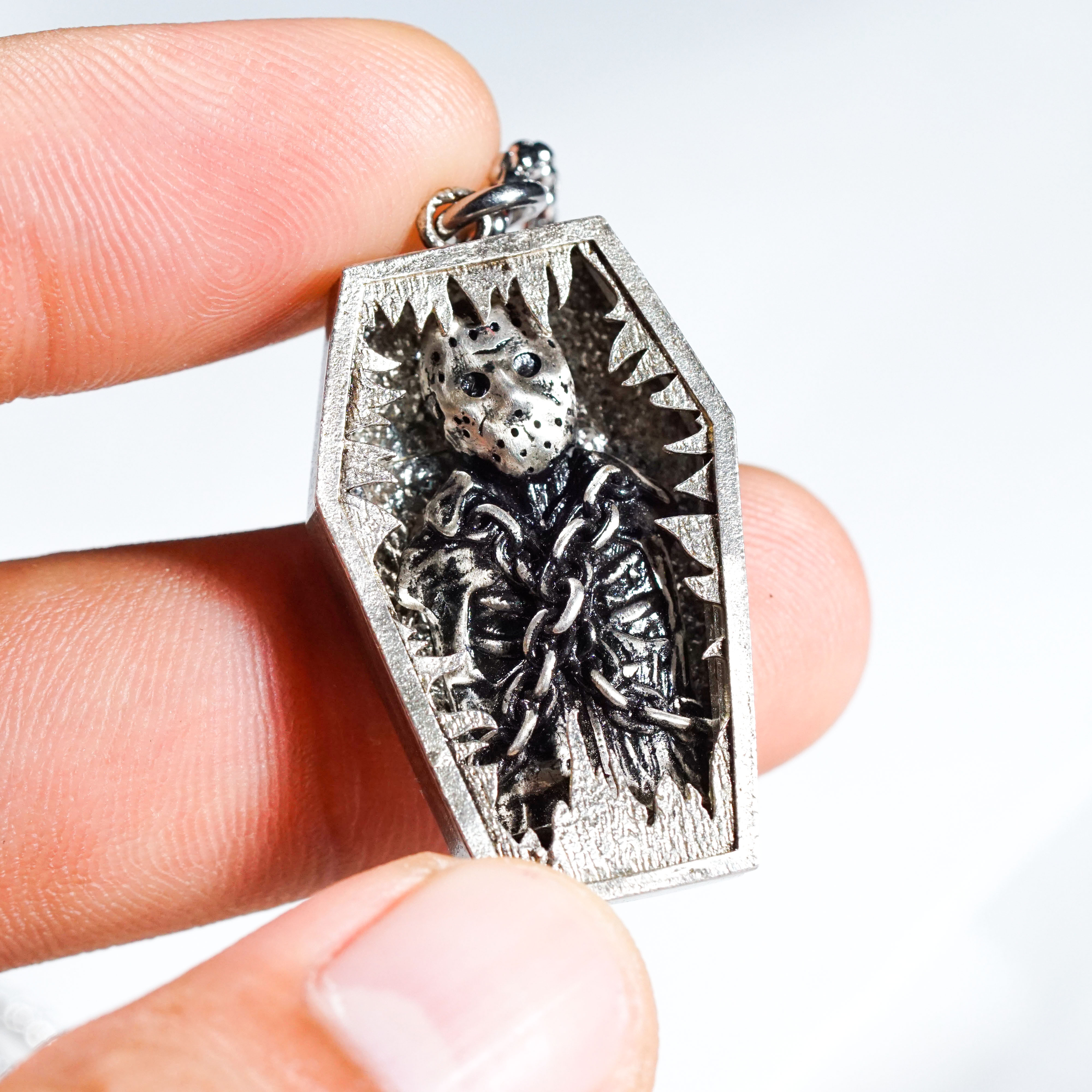 Jason Voorhees Coffin Necklace, Friday the 13th Horror Pendant, Gothic Halloween Jewelry, Slasher Film Necklace, Creepy Gift for Horror Fans 7 - EternaSilver DSC09092 - EternaSilver