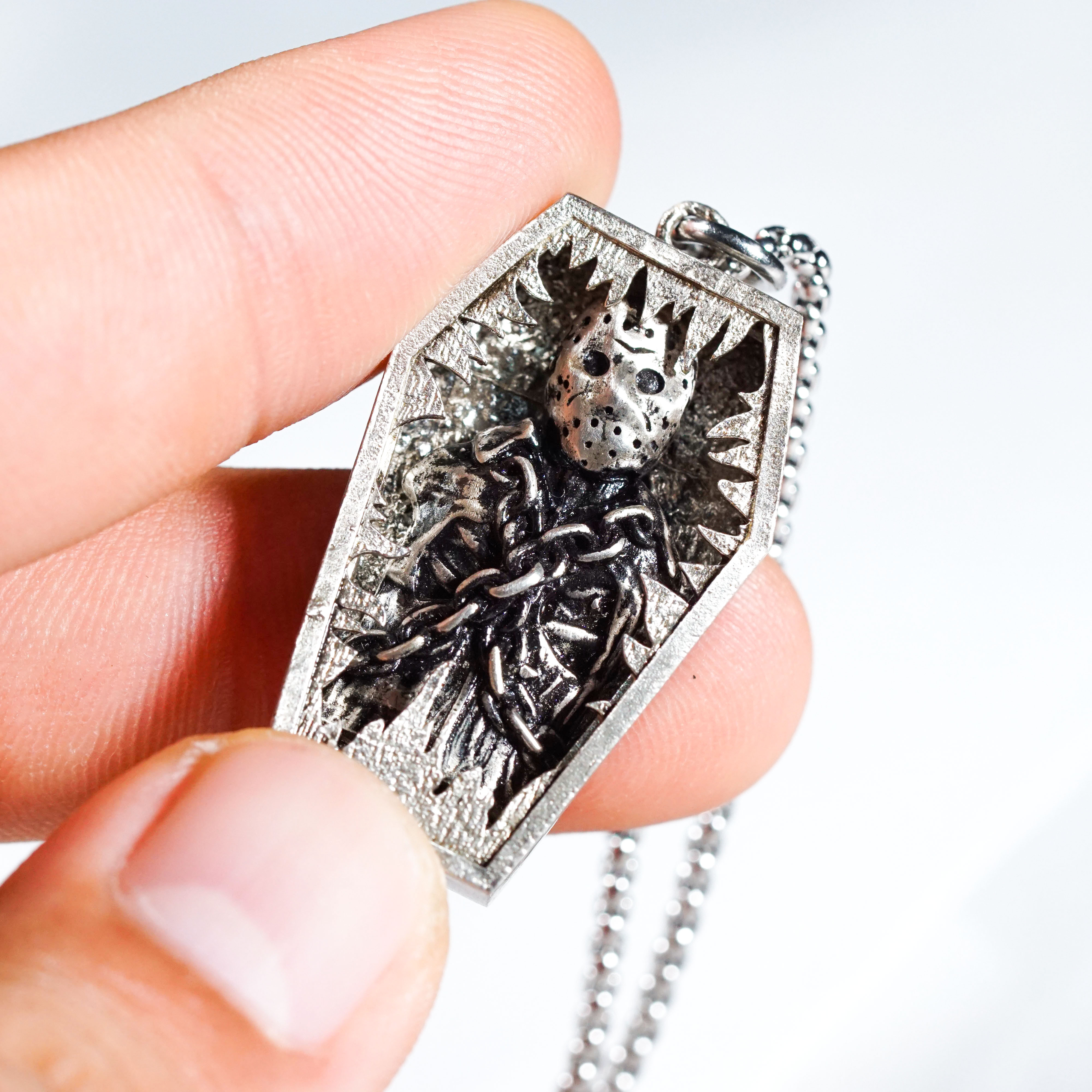 Jason Voorhees Coffin Necklace, Friday the 13th Horror Pendant, Gothic Halloween Jewelry, Slasher Film Necklace, Creepy Gift for Horror Fans 8 - EternaSilver DSC09093 - EternaSilver