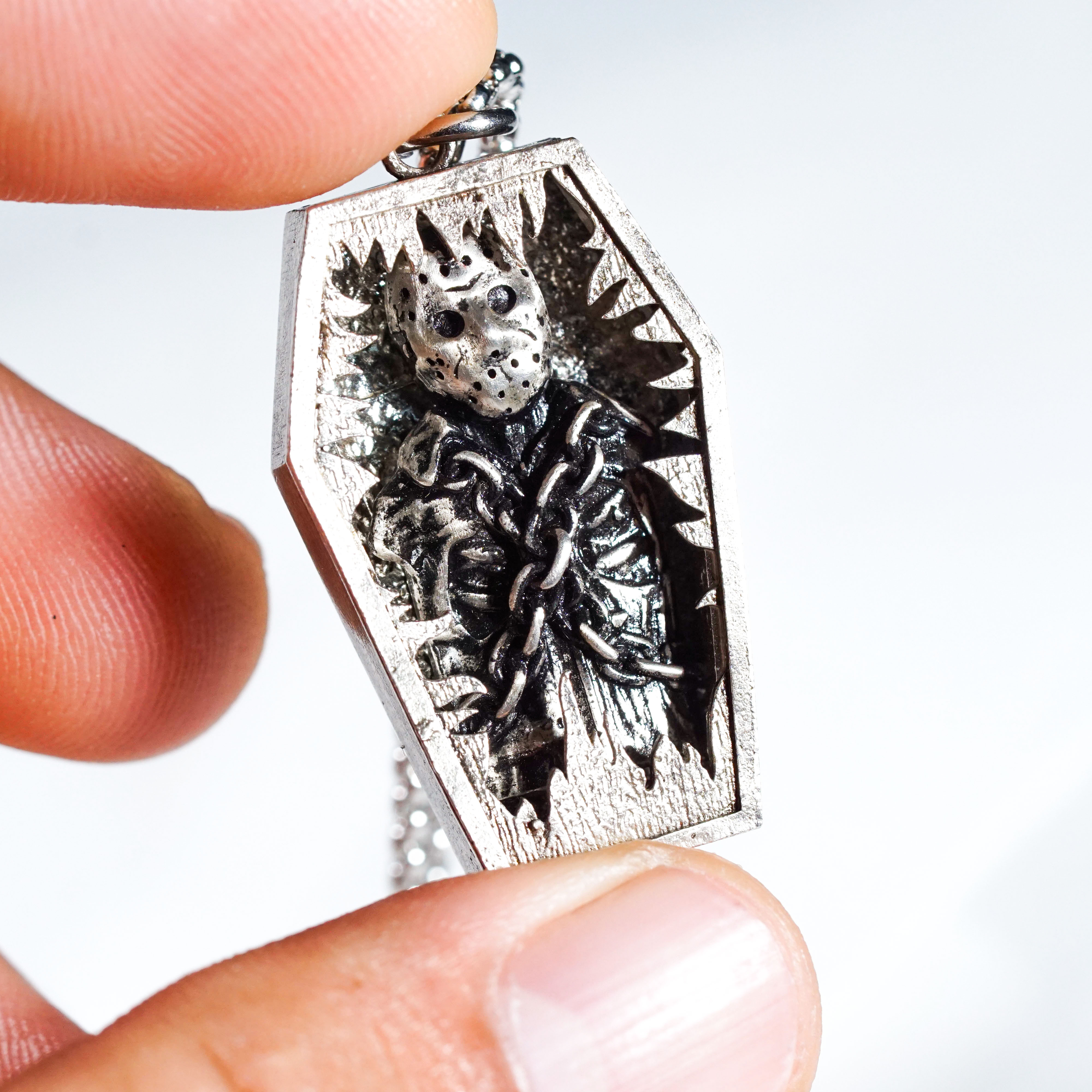 Jason Voorhees Coffin Necklace, Friday the 13th Horror Pendant, Gothic Halloween Jewelry, Slasher Film Necklace, Creepy Gift for Horror Fans 9 - EternaSilver DSC09094 - EternaSilver