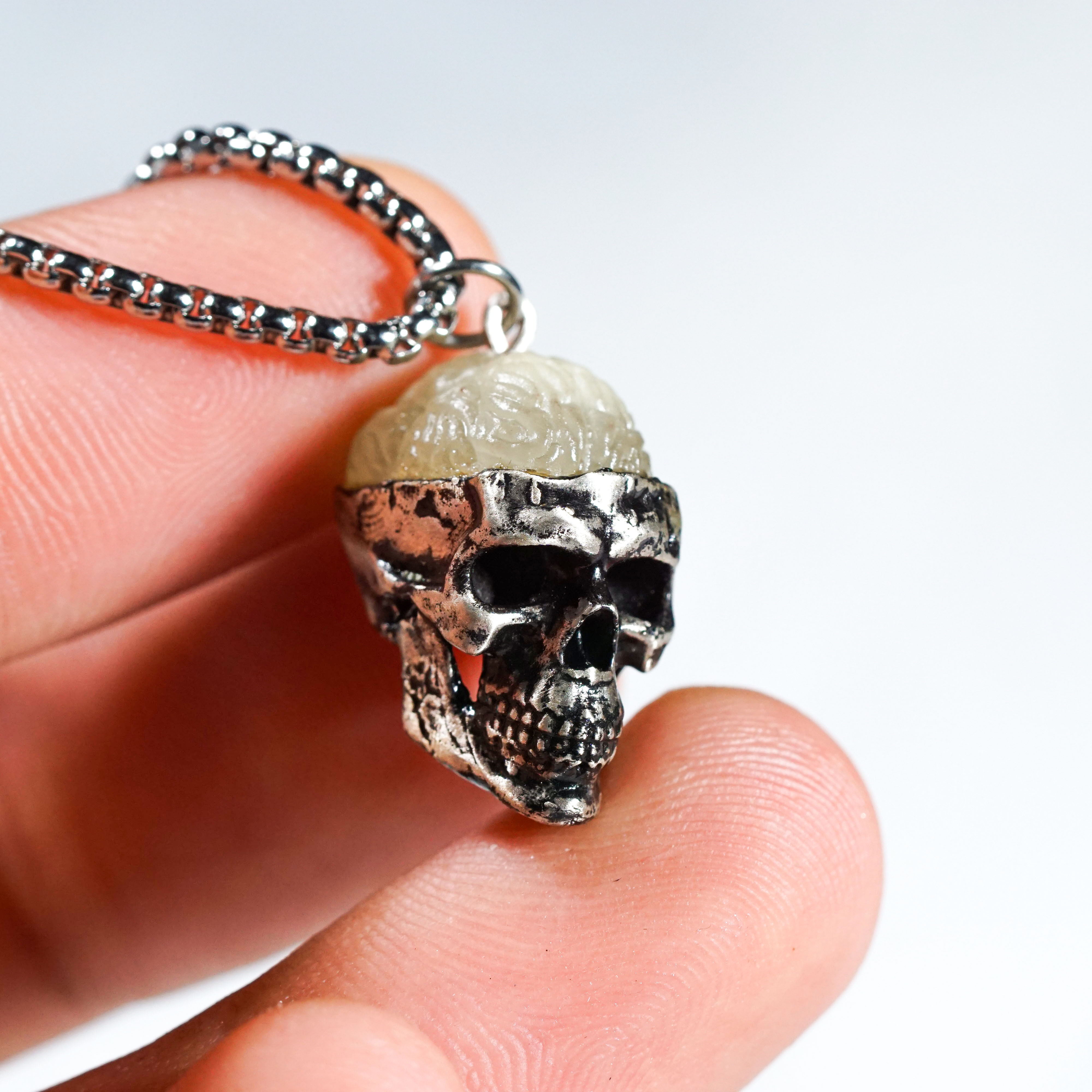 Glow in the Dark Skull Necklace, Gothic Punk Jewelry, Halloween Horror Pendant, Skeleton Head Necklace, Glowing Reaper Gift for Him & Her 5 - EternaSilver DSC09144 - EternaSilver