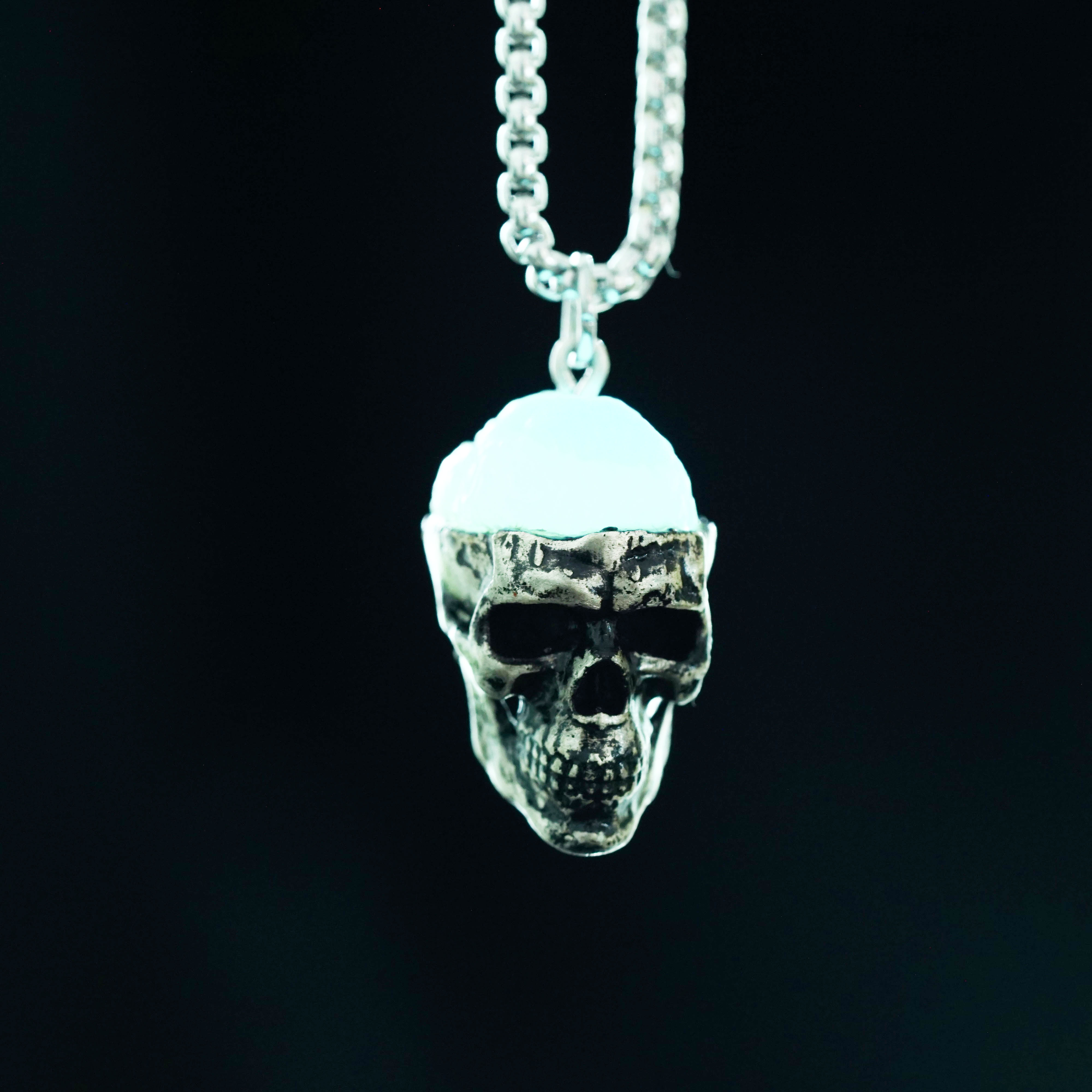 Glow in the Dark Skull Necklace, Gothic Punk Jewelry, Halloween Horror Pendant, Skeleton Head Necklace, Glowing Reaper Gift for Him & Her 11 - EternaSilver DSC09224 - EternaSilver